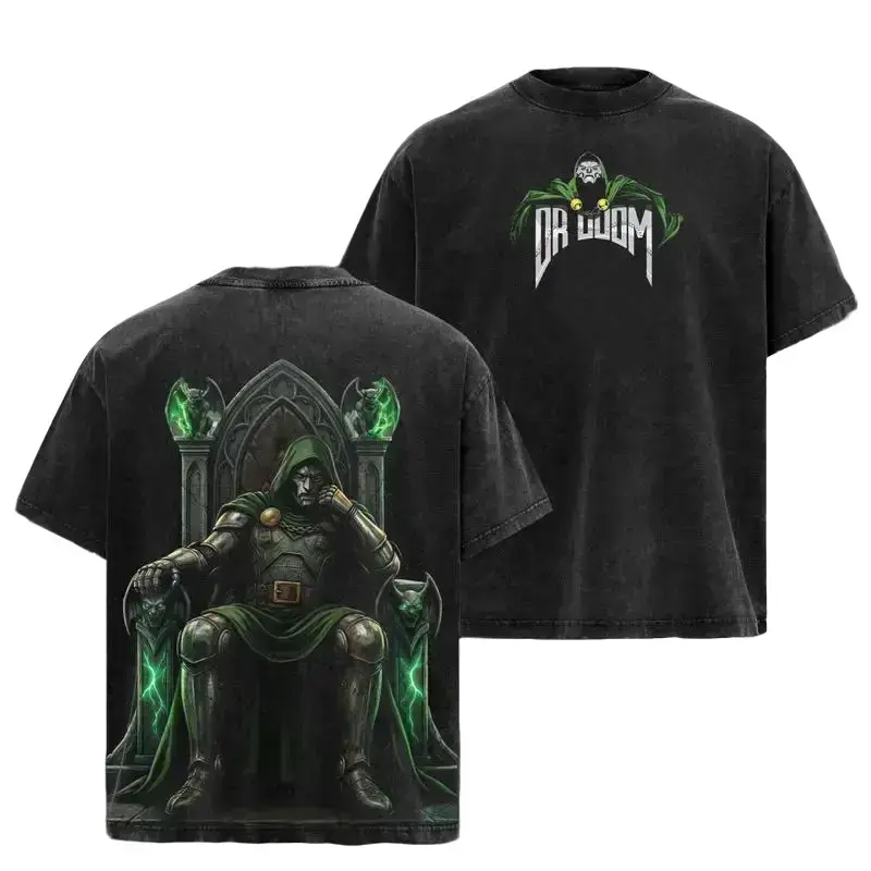 Dr Doom Double Sided Graphic Tee Vintage Washed Oversized Streetwear Heavy Cotton Unisex Casual Top Perfect Gift For Supervillain Comic Fans And Grunge Style Lovers