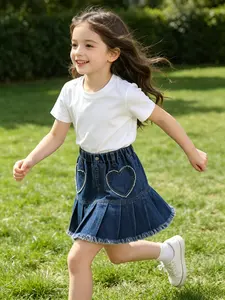 Children’s Denim Skirt — Best-Selling Girls’ Pleated Skirt with Cute Heart Embroidery, High-Waisted A-Line Cut, Elastic Waistband, Casual Everyday Wear, Classic Denim Blue, Ages 6-17