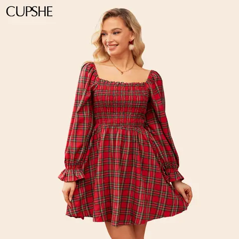 CUPSHE Women's Christmas Chic Red Plaid Long-Sleeve Square Neck Blouson Sleeve Smocked Bodice A-Line Woven Mini Dress - 75%Polyester 25%Cotton Mix-Poly-Cotton, Machine Wash for Fall Winter Holiday Wear