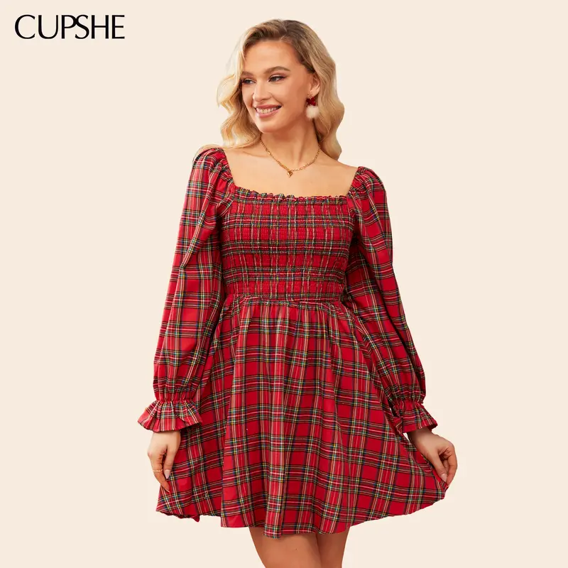 CUPSHE Women's Christmas Chic Red Plaid Long-Sleeve Square Neck Blouson Sleeve Smocked Bodice A-Line Woven Mini Dress - 75%Polyester 25%Cotton Mix-Poly-Cotton, Machine Wash for Fall Winter Holiday Wear