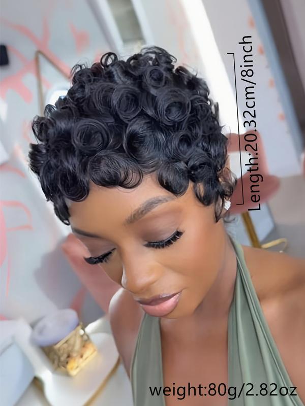 Human Hair Pixie Cut Wig, Short Curly Wavy Wig with Bangs, Natural, Rose Net Cap, Elegant Style for Women, Daily Use, Pixie Wigs Human Hair Pixie Cut Wig, Short Curly Wavy Wig with Bangs, Natural, Rose Net Cap, Elegant Style for Women, Daily Use, Pixie Wigs