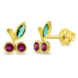 14k Gold Sparkling Cherries Kids / Children's / Girls Earrings Safety Screw Back