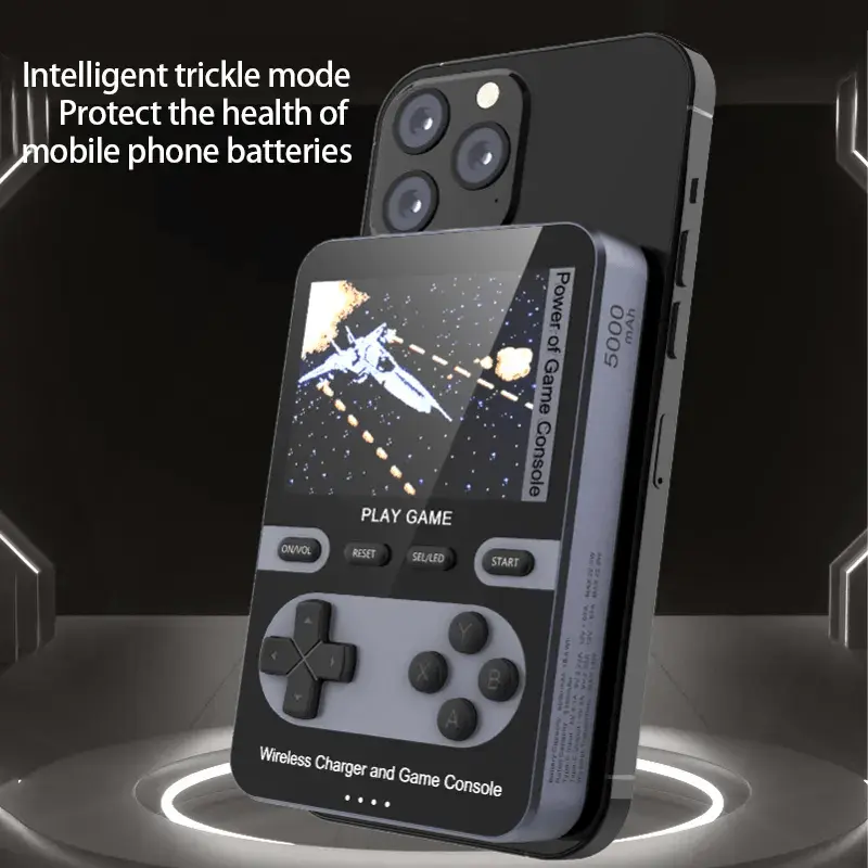2-in-1 Wireless Charger Power Bank and Built-In Retro Handheld Gaming Console 5000mAh, Portable, Hybrid