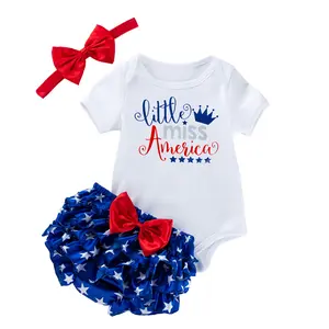 Cpzvucak 4th of July Baby Girl Outfit 0-2 Years Toddler Letter Print Short Sleeve Romper + Star Shorts + Bow Headwear Independence Day Cloths Set