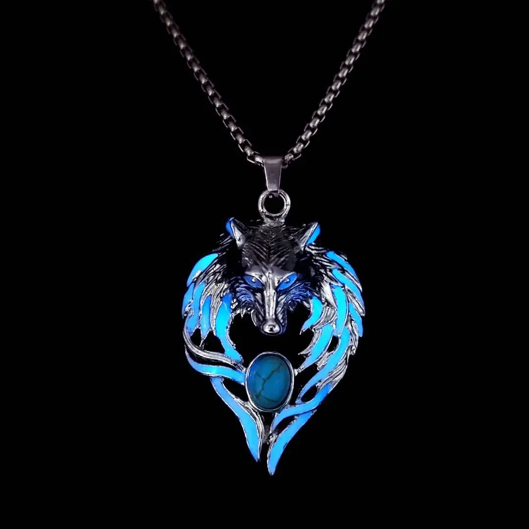 Men's Vintage Hip Hop Bling Pendant Necklace - Glow-In-Dark Wolf Head Totem, Inlaid Turquoise & Rhinestones Luminous Costume Jewelry