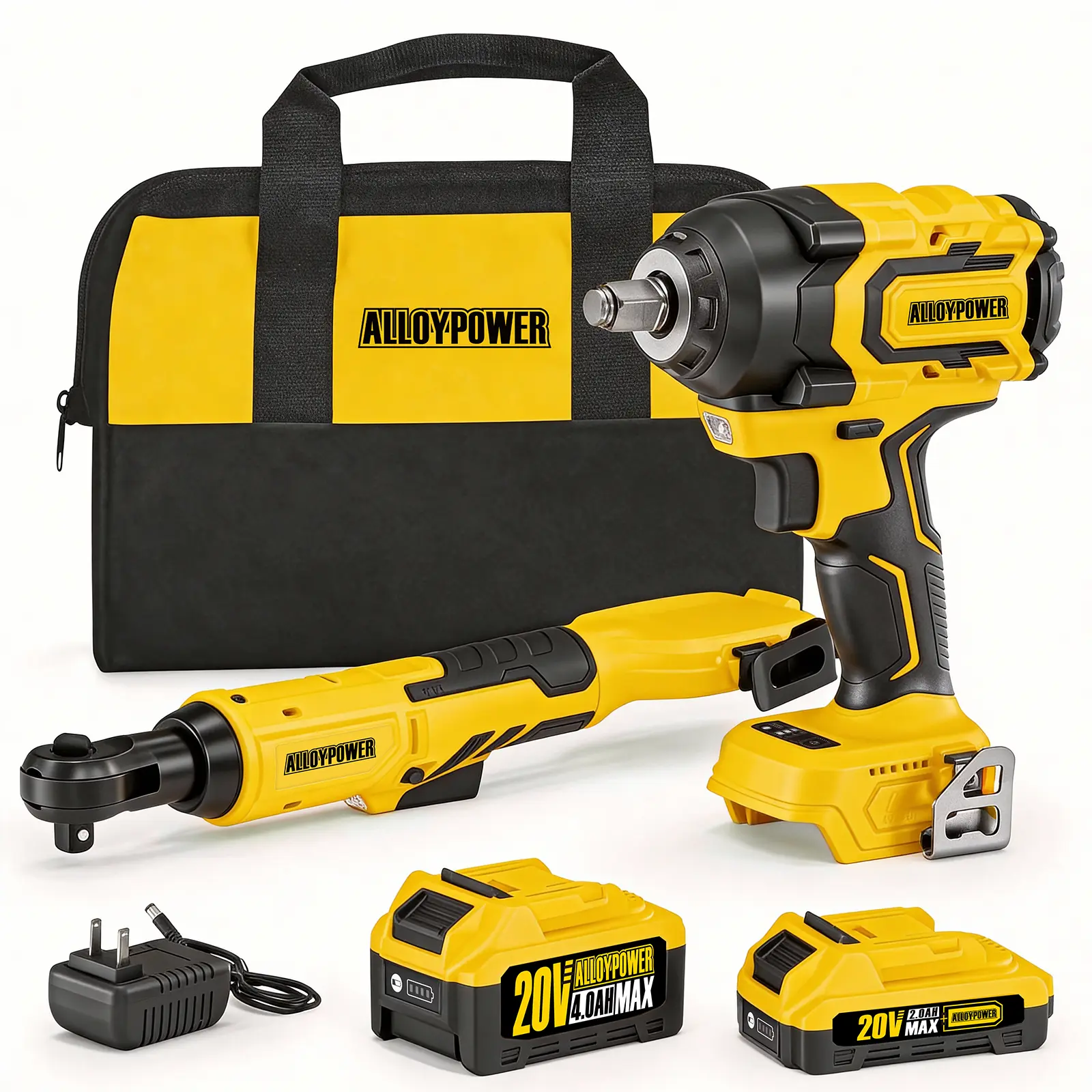 Alloyman 1/2'' Brushless Impact Wrench 516 ft-lbs(700 Nm) and 3/8'' Cordless Ratchet Wrench 44 ft-lbs (60 Nm) Combo Set, with Variable Speed, LED Light, 4.0Ah &2.0Ah Battery, Charger