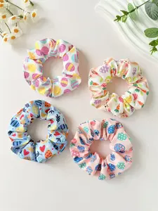 4pcs Easter Women's Sweet Cute Fabric Bunny Hair Ties Scrunchies, Colorful Egg Print Ponytail Holder, Bohemian Style Hair Accessories