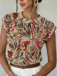 Women's Vintage Chic Floral Peacock Feather Print Sweater, Casual Loose-Fitting Cap Sleeve Knit Top, Breathable Spring Summer Outer Vest