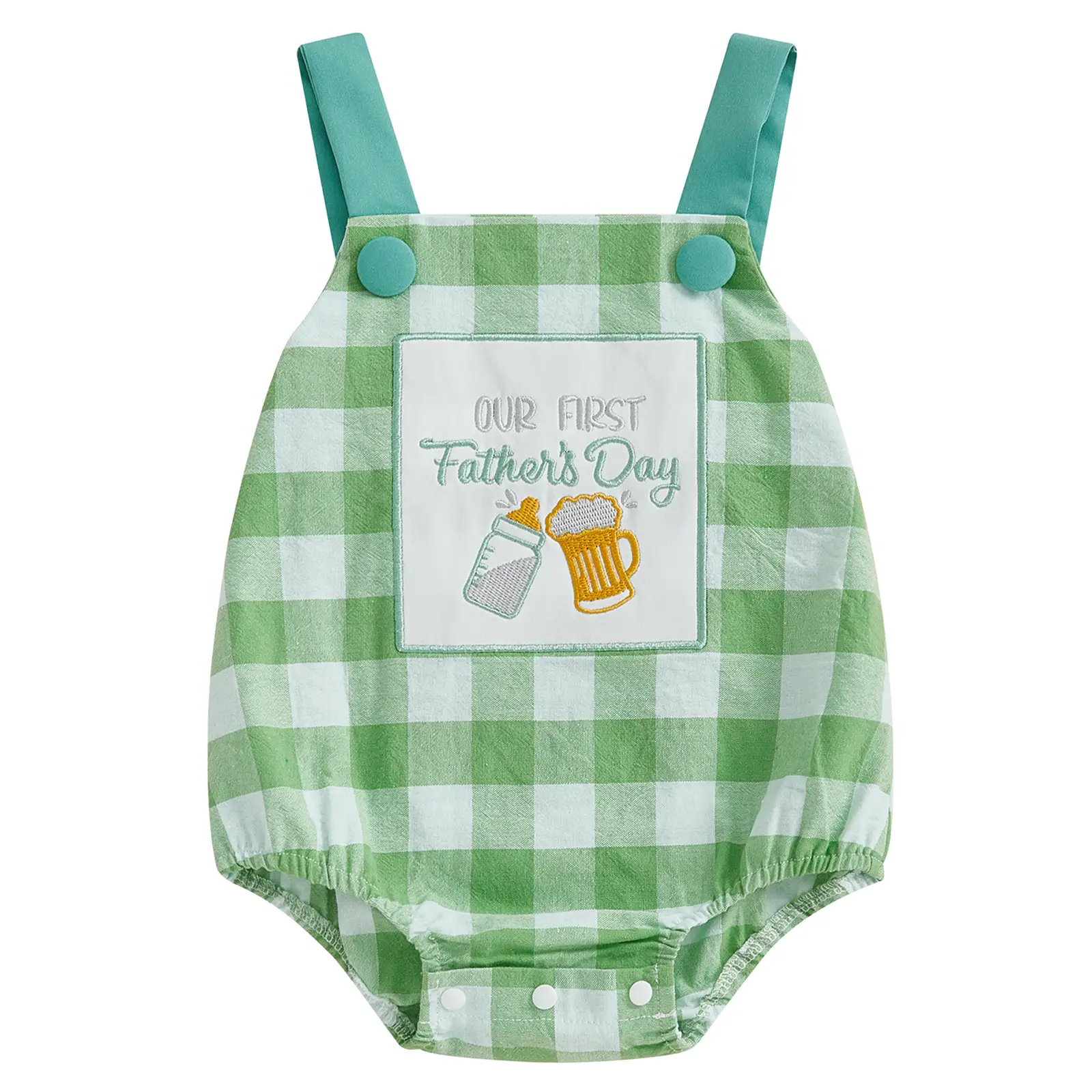 Infant Baby Boy Girl Our First Fathers Day 4th of July Outfits Newborn Plaid Sleeveless Overalls Onesie Bodysuit Summer Bubble Romper Clothes