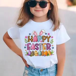 Girls' Easter Bunny & Egg Short Sleeve T-Shirt - Happy Easter Egg Hunt Outfit with Ears & Spring Flowers, Round Neck Summer Top