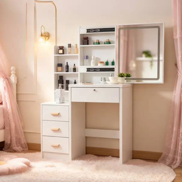 White Makeup Vanity Set with Lighted Mirror, Drawers, 3-Tier Shelves & Stool, Large Storage Dressing Table for Bedroom light