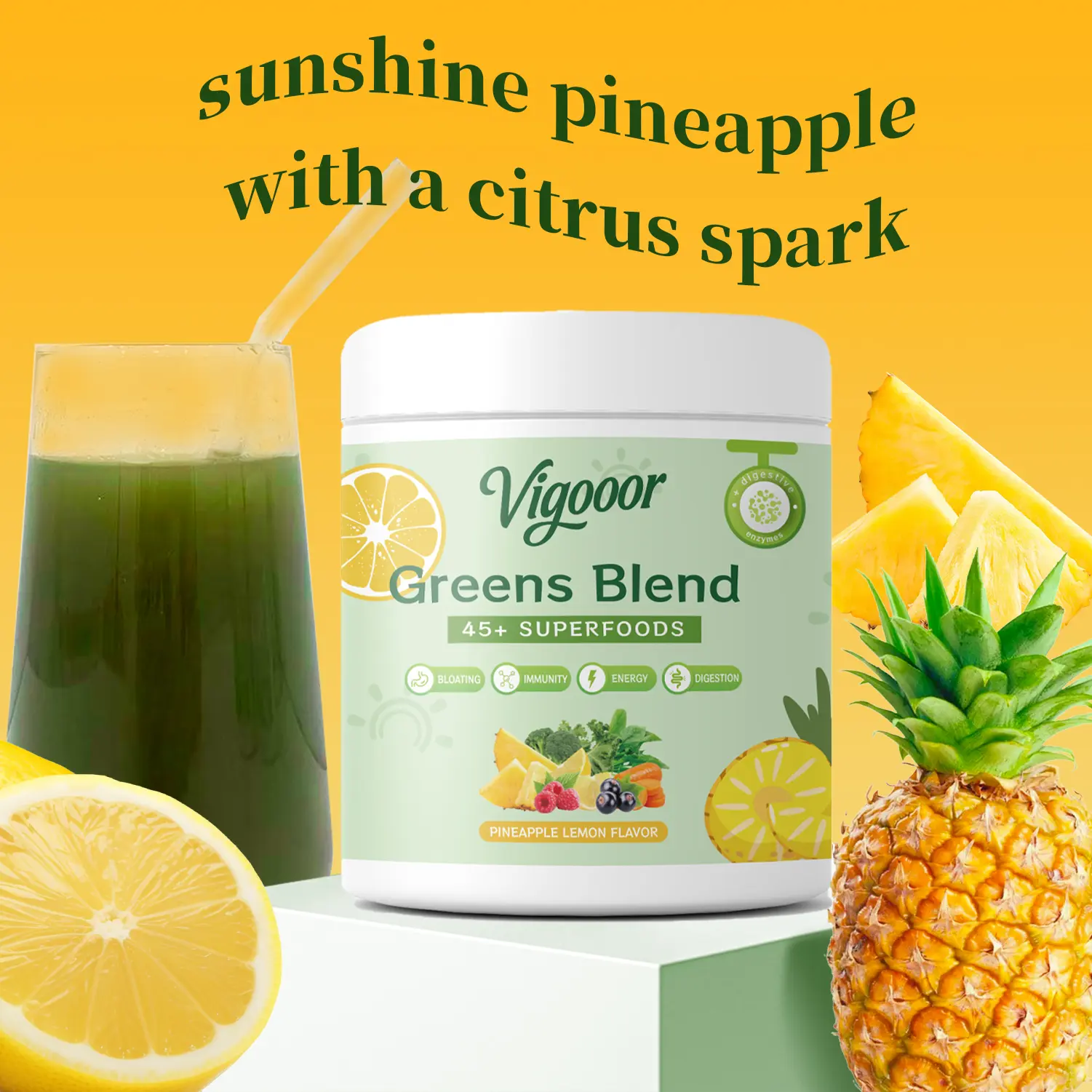 Vigooor Greens Blend & Pineapple Flavoured Fruit & Vegetable Powder, Rich in dietary fiber,Gift a blender，Helps - Bloating, Immunity, Energy, Digestion