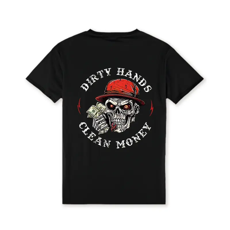 Men's   Casual Crew Neck TShirt  "Dirty Hands Clean Money" Skull Graphic, Short Sleeve, Soft and Comfortable, Ideal for All Seasons