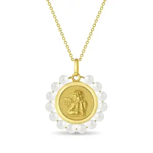 14k Gold Guardian Angel Medal Shell Pearl Baby / Toddler / Kids Pendant/Necklace