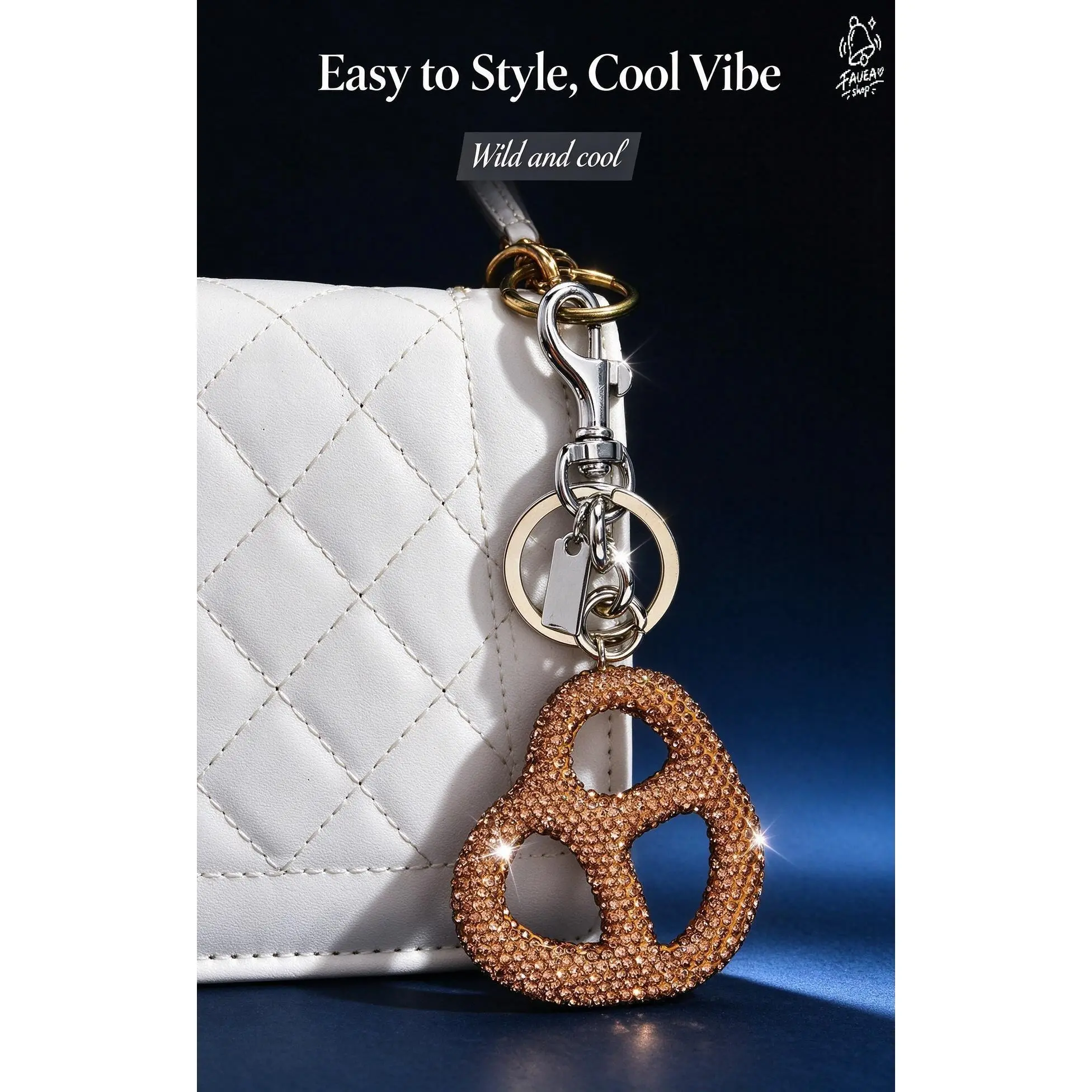Pretzel Shaped Rhinestone Bag Charm, Gold Metal Keyring, Sparkling Crystal Purse Pendant, Stylish Handbag & Backpack Accessory for Daily Wear