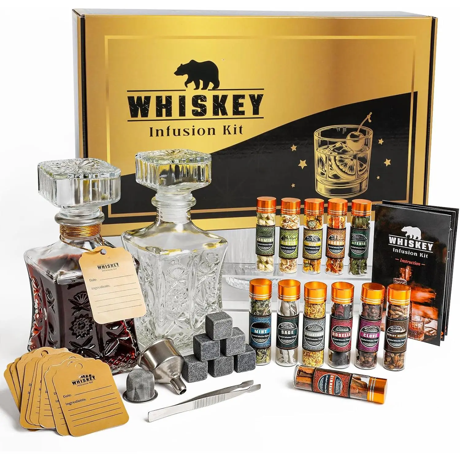 Whiskey Infusion Kit, DIY Whiskey Making Kit for Infusing Bourbon, Rye, Gin, Vodka, Tequila, Rum with Custom Botanicals, Whiskey Gifts for Men, Perfect Alcohol Infusion Kit for Whiskey Lovers Utensils Box