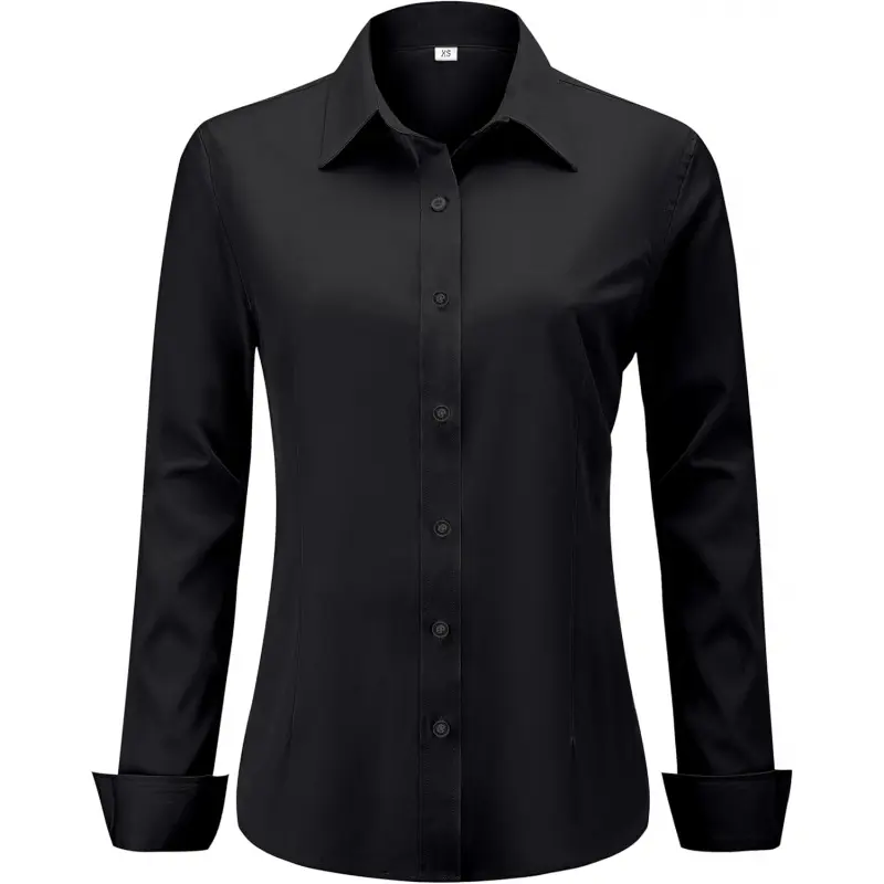 Women's Button Down Shirt, Solid Long Sleeve Wrinkle-Free Stretch Blouse for Work, Elegant Smooth Fabric Casual Top, Dress, Spandex, Soft, Formal, Plain, Stylish, 3/4 Sleeve, Tie, Elastic, Business Casual Tops, Regular Fit, Party