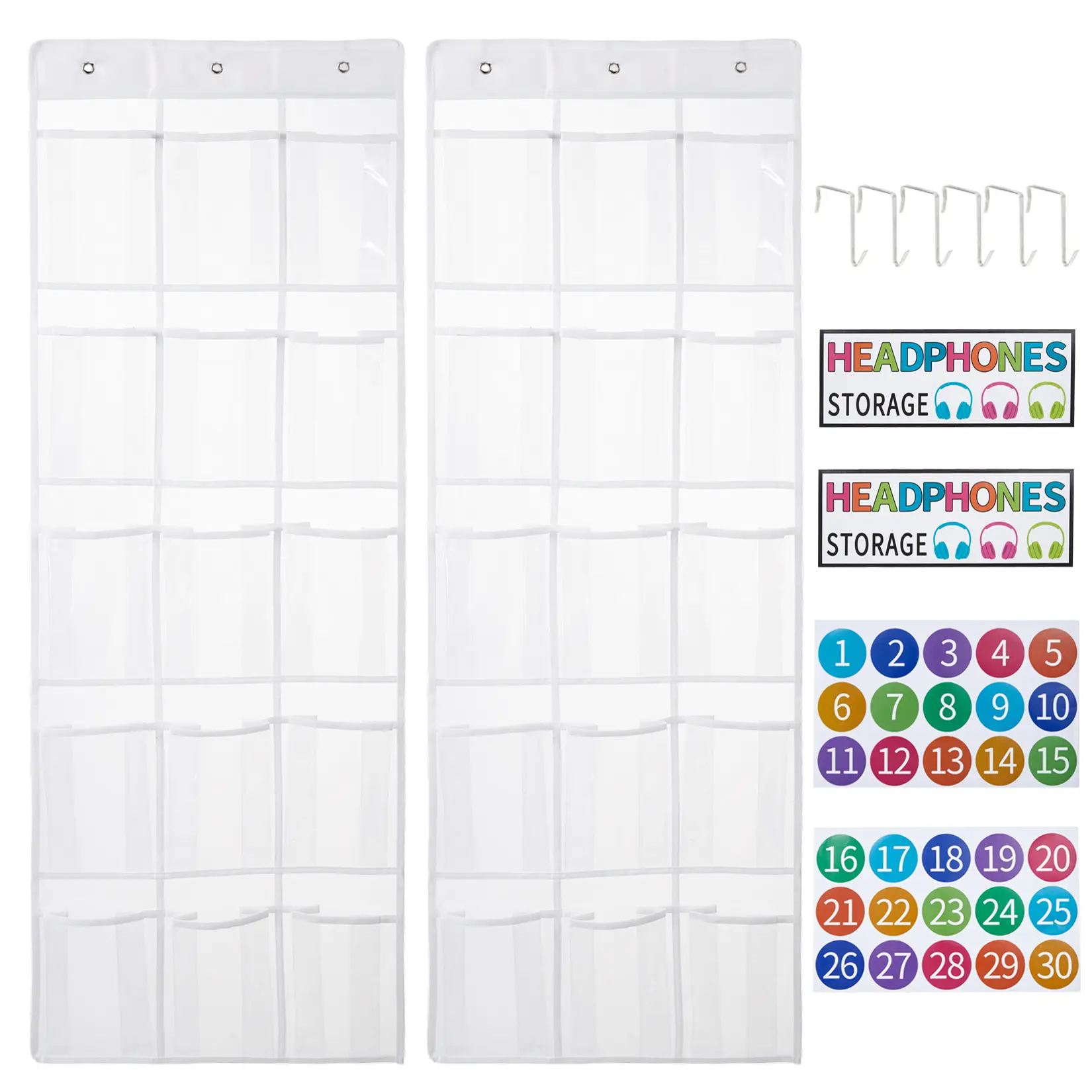 2 Pack Classroom Headphone Storage Organizer, 30 Pockets Total PVC Clear Over The Door Hanging Holder Bags, 2 Face Stickers & 6 Hooks for School Calculator