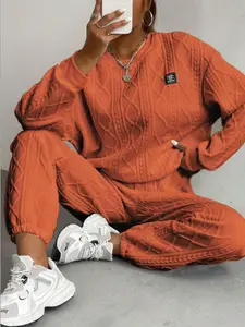 Two-piece set of women's orange hemp texture knitted set, retro casual loose sweatshirt and sweatpants two-piece set, suitable for autumn and winter, suitable for going out, casual parties, coffee shop visits