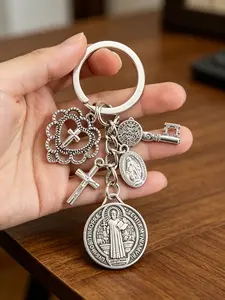 Religious St. Benedict Pendant Keychain, Gothic Cross Keychain, Hollow Heart Cross, Mary Statue Amulet, Vintage Double-Sided Cross, Gift for Mom and Believers, Keychain for Bags, Keychain Jewelry