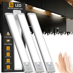 ISUNMEA Under Cabinet Lighting Wireless, Rechargeable Motion Sensor Light Indoor, 3 Color Dimmable Closet Light Battery Operated with LED Power Display, Magnetic Under Counter Lights for Kitchen, Home (3Pack)