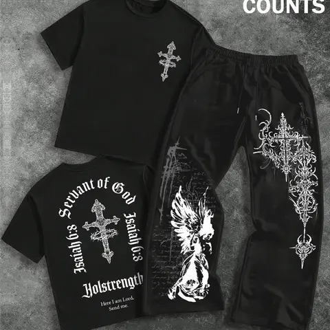 Men's Fashion Casual Two-Piece Set, Graphic Angel & Cross Pattern Round Neck T-Shirt and Drawstring Wide Leg Pants, Soft Comfortable Clothes, Casual Outfit Set