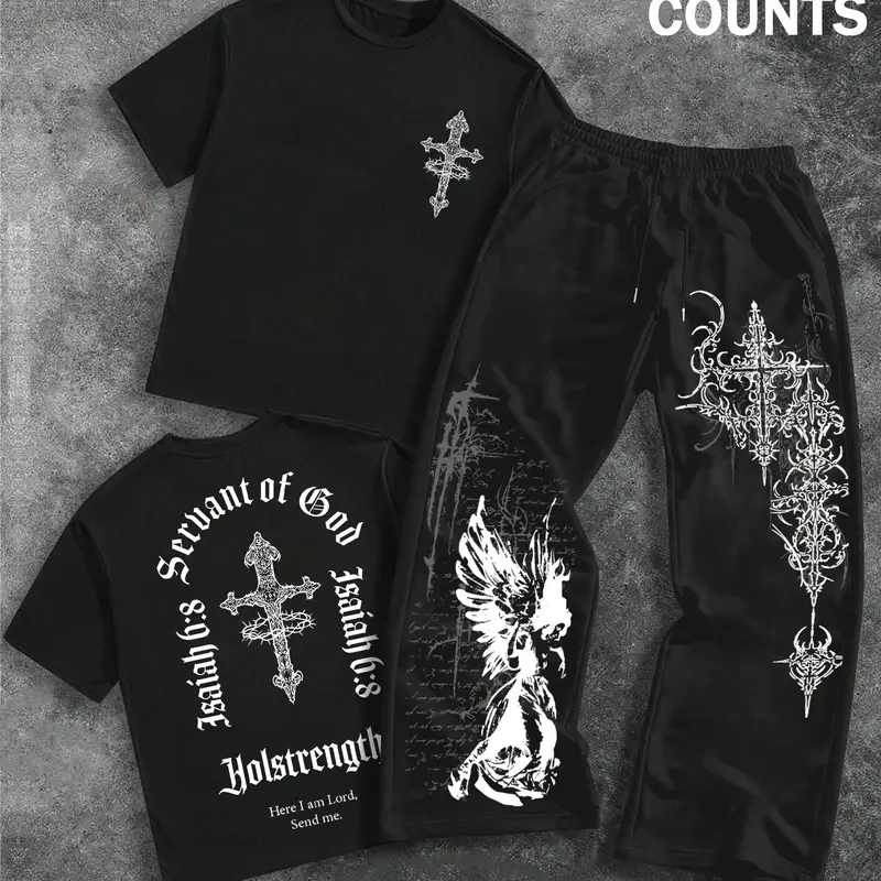 Men's Fashion Casual Two-Piece Set, Graphic Angel & Cross Pattern Round Neck T-Shirt and Drawstring Wide Leg Pants, Soft Comfortable Clothes, Casual Outfit Set