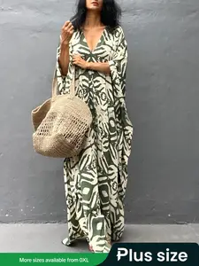 【Plus Size】 All Over Print V Neck Dress, Casual Boho Fit Dress for Daily Wear, Women's Plus Clothing for All Seasons