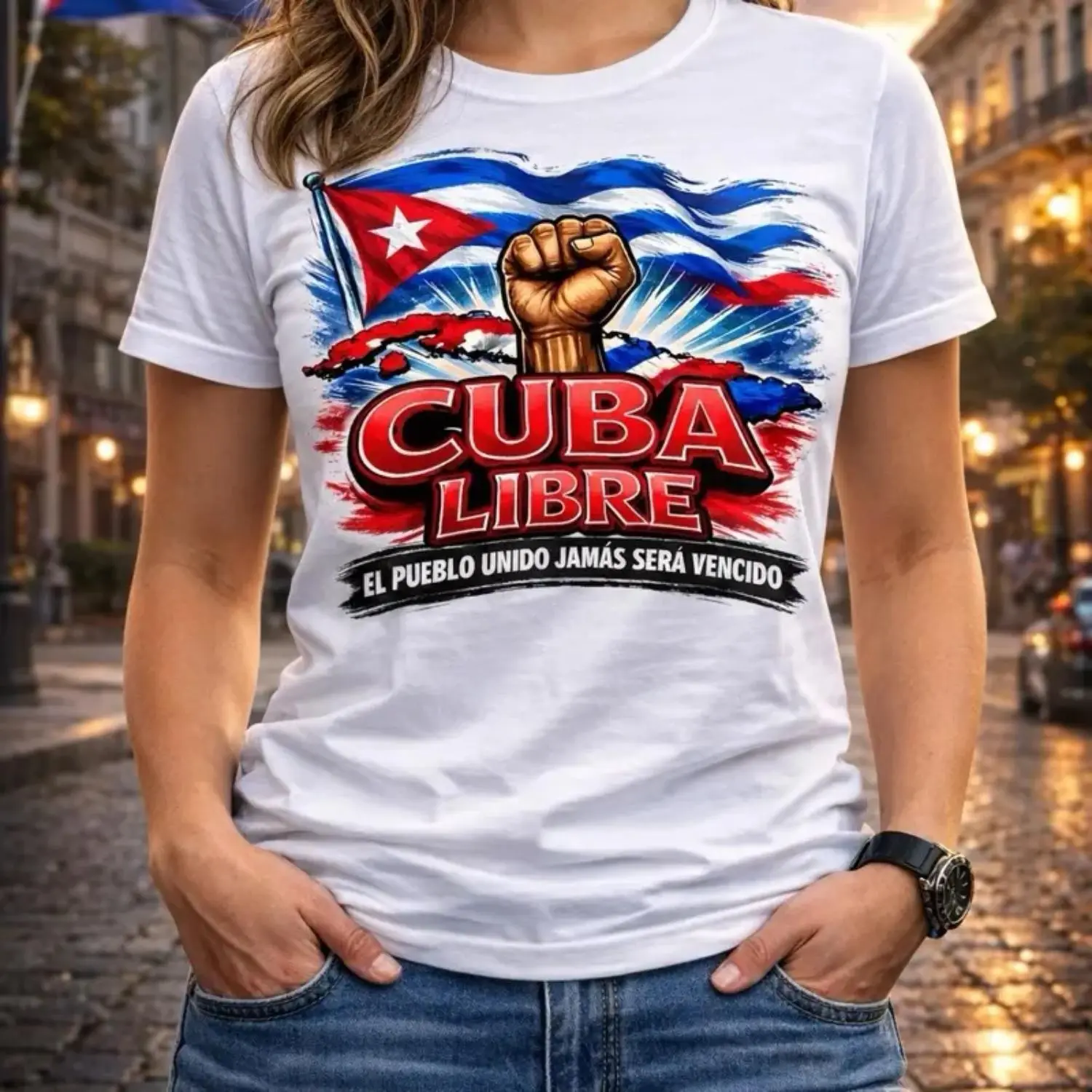 Cuba Libre T-Shirt White Graphic Tee Featuring Cuban Flag and Fist Design for Men and Women