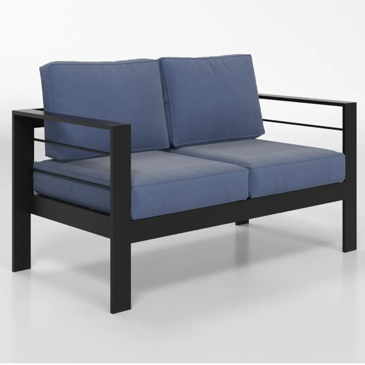 50" W x 26" D x 32" H Rectangular Modern Heavy-Duty Rustproof Solid Aluminum Outdoor Loveseat - Black Frame, Thick Blue Waterproof Stain-Resistant Sun-Protective Cushions, 2-Seat, Couples' Balcony Conversation-Ready Use, All-Season, Assembly Required