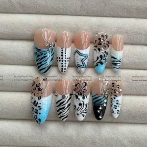 Y2K Cyberpunk Press On Nails, Blue Animal Print Nail Art, Zebra Leopard Pattern Nails, Star and Rhinestone Fake Nails, Cool Girl Aesthetic Press Ons, Reusable Handmade Nails, Birthday Gift for Teen Girl, Edgy Style Nails