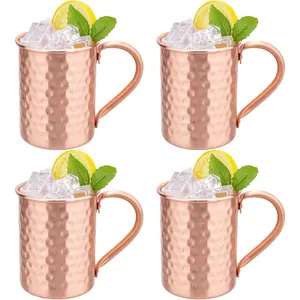 100% Pure Copper Cups Set of 4 - Moscow Mule Mugs with Handle - Copper Cup for Cold Drinking - Hand Hammered Finish Mug Gifts for Cocktail Drink Beer Wine Coffee Party Bar 14oz
