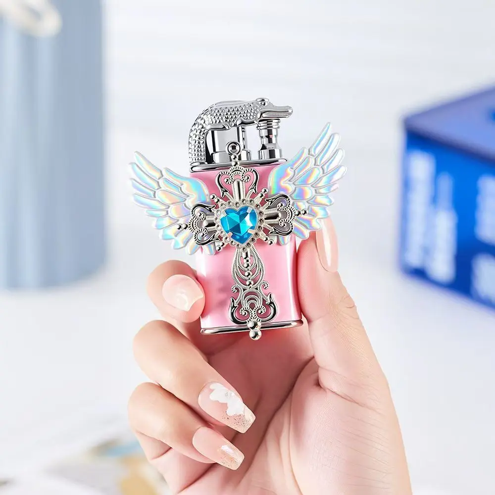 Women's fashionable decorative kerosene lighter (without butane), holographic wings + blue crystal cross design, reusable windproof lighter, suitable as a birthday gift
