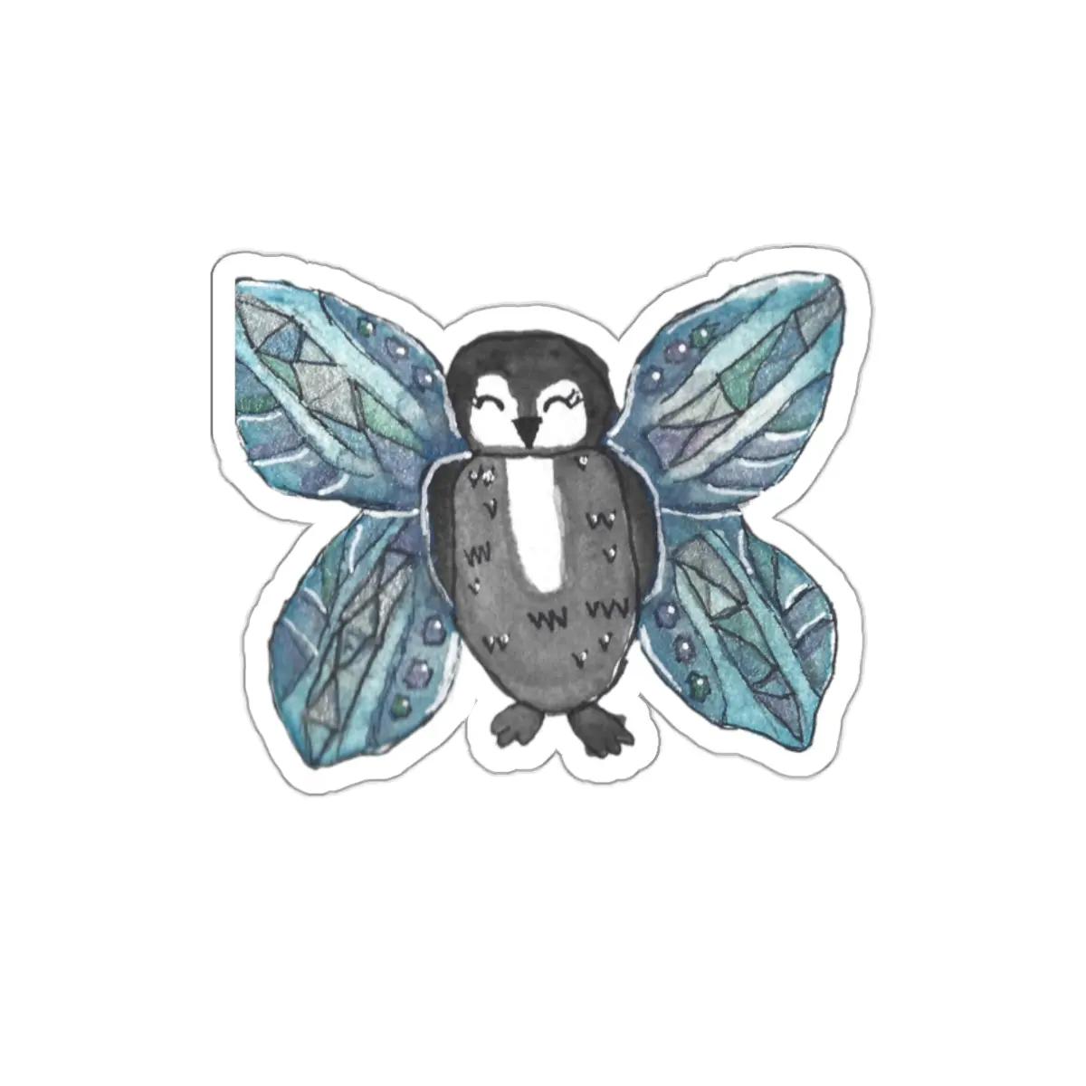 Penguin Fairy Wings Sticker | Die-Cut Penguin Sticker, Blue Watercolor Flutter