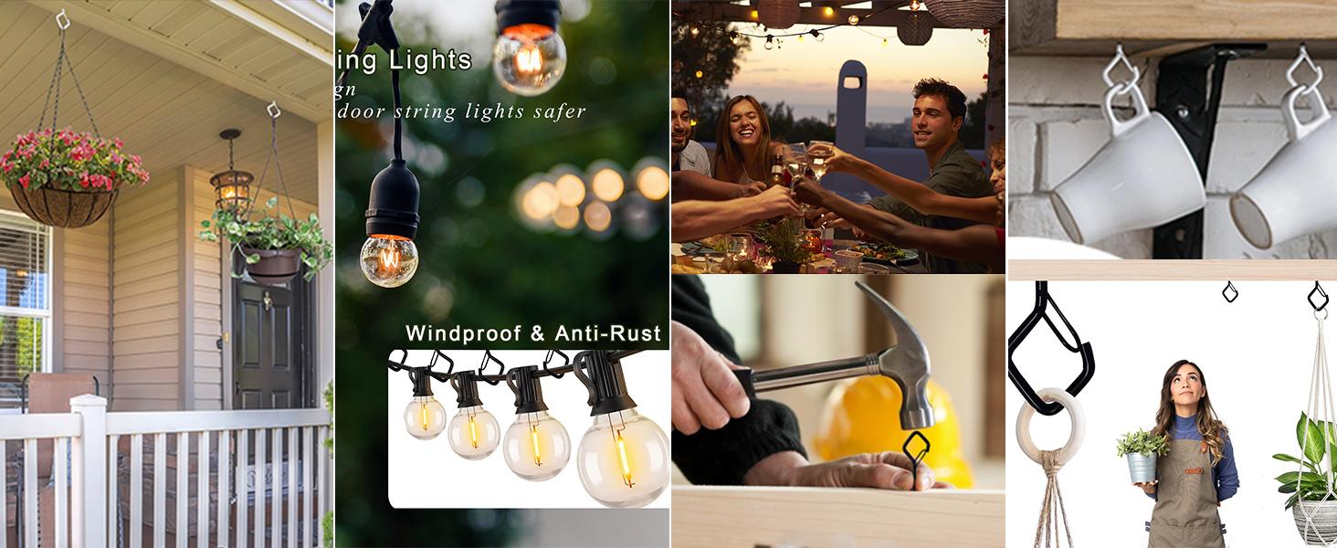 20 PCS Black Square Q-Hanger Hooks, Ceiling Hooks for String Lights, Hanging Plants, Wind Chimes, Bird Feeders, Lanterns & Christmas Decorations