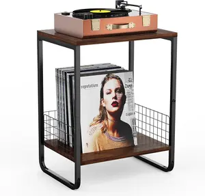 Record Player Stand, 2 Tier Record Player Table Turntable Stand with Vinyl Record Album Storage, Retro Nightstand Small End Table for Living Room Bedroom Office(Rustic Brown)