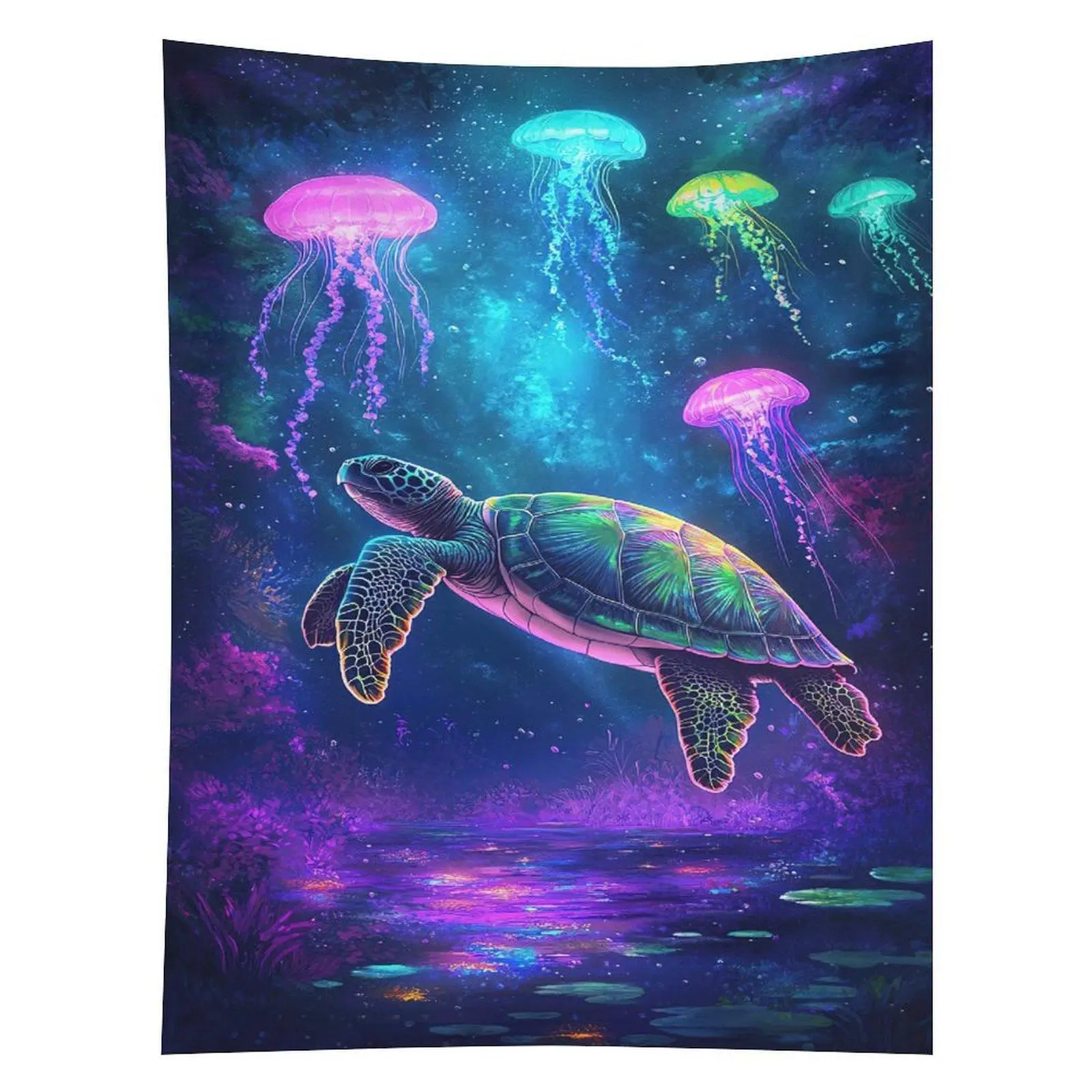 Neon Sea Turtle Jellyfish Tapestry Glowing Ocean Galaxy Wall Decor