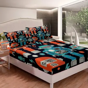 Feelyou Micro-Fine Stretch Cartoonish Themed Fitted Sheet Bedding Set - Vibrant Mechanical Robot Print, Cool Steampunk Mechanic Design, Luxury Microfibre Option for Kids Bedroom, Bedroom Decor, Cartoonish Fitted Sheets