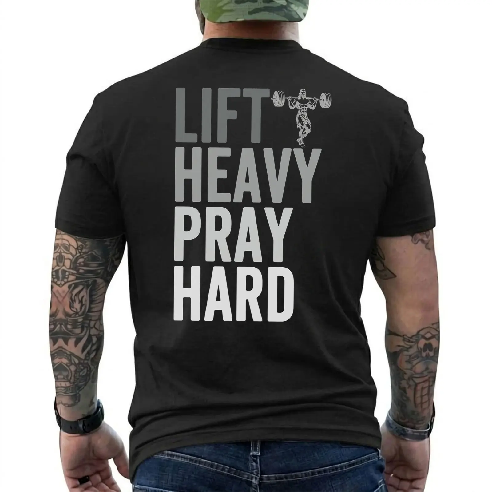 Lift Heavy Pray Hard Shirt, Christian Gym Tee, Fitness Faith T-Shirt, Jesus Bodybuilding Merch, Workout Graphic Tee, Fast Shipping, Short Sleeve Printed Graphic Shirt, Daily Casual Cotton Menswear