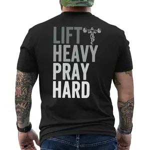 Lift Heavy Pray Hard Shirt, Christian Gym Tee, Fitness Faith T-Shirt, Jesus Bodybuilding Merch, Workout Graphic Tee, Fast Shipping, Short Sleeve Printed Graphic Shirt, Daily Casual Cotton Menswear