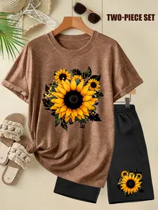 Women's Washed Two-Piece Set (T-Shirt + Shorts), Sunflower Print, Floral, Multiple Colors Available, Machine Washable, Spring & Summer, Soft Skin-Friendly Fabric, Daily Versatile, Casual, Fashion Design