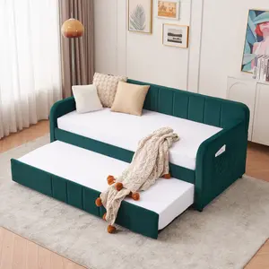 Twin Size Daybed with Trundle, Twin to King Daybed Frame, USB Ports, Velvet Upholstered Daybed with Pop Up Trundle Bed, Modern Extendable Day Bed Frame for Kid Adult Bedroom Living Room Guest Room