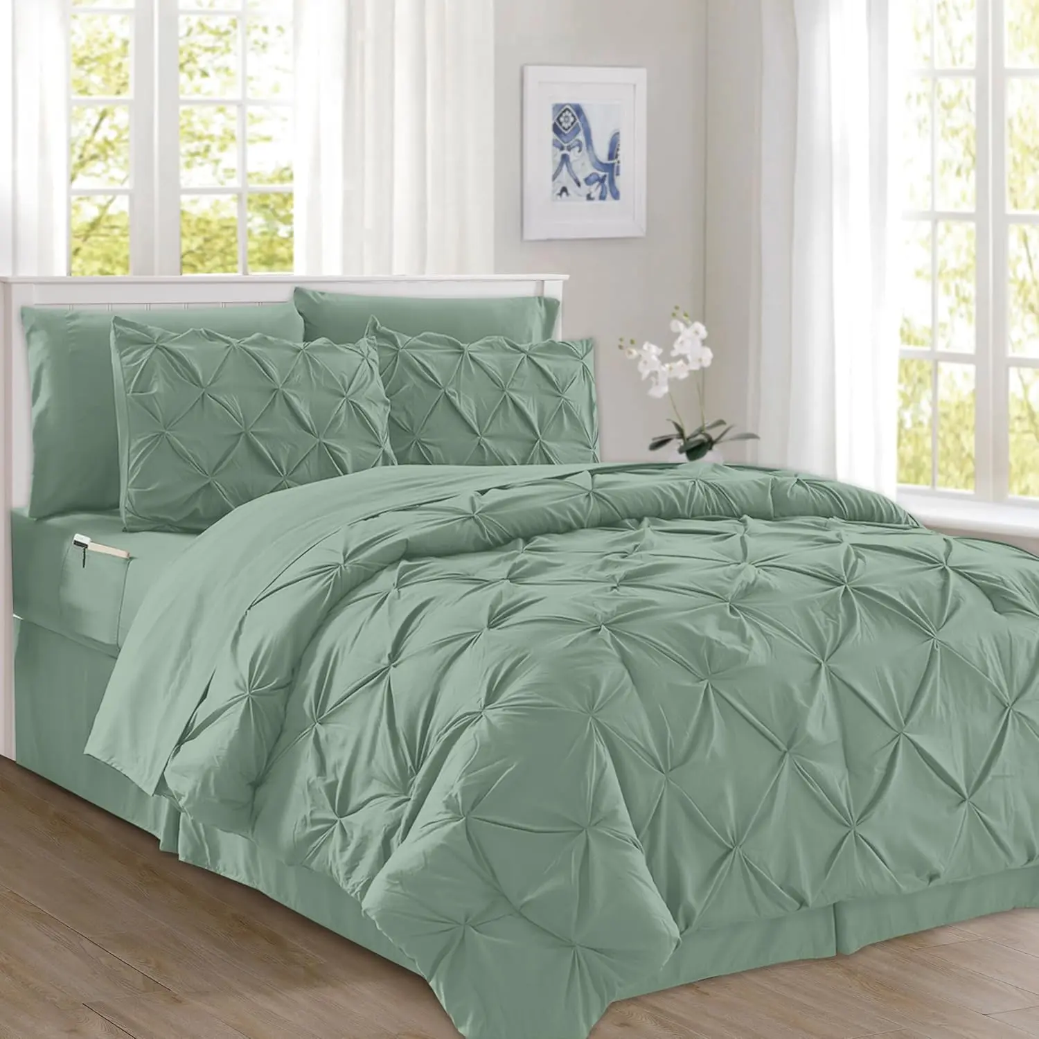 Sage Green Microfibre 8-Pinch Pleated King/Cal King Bedding Set - All-Seasons, Wrinkle-Resistant, Durable, Machine Washable, Includes 4pc Smart Sheets, Bed Skirt, Comforter, Pillowcases, Shams, Side Pockets