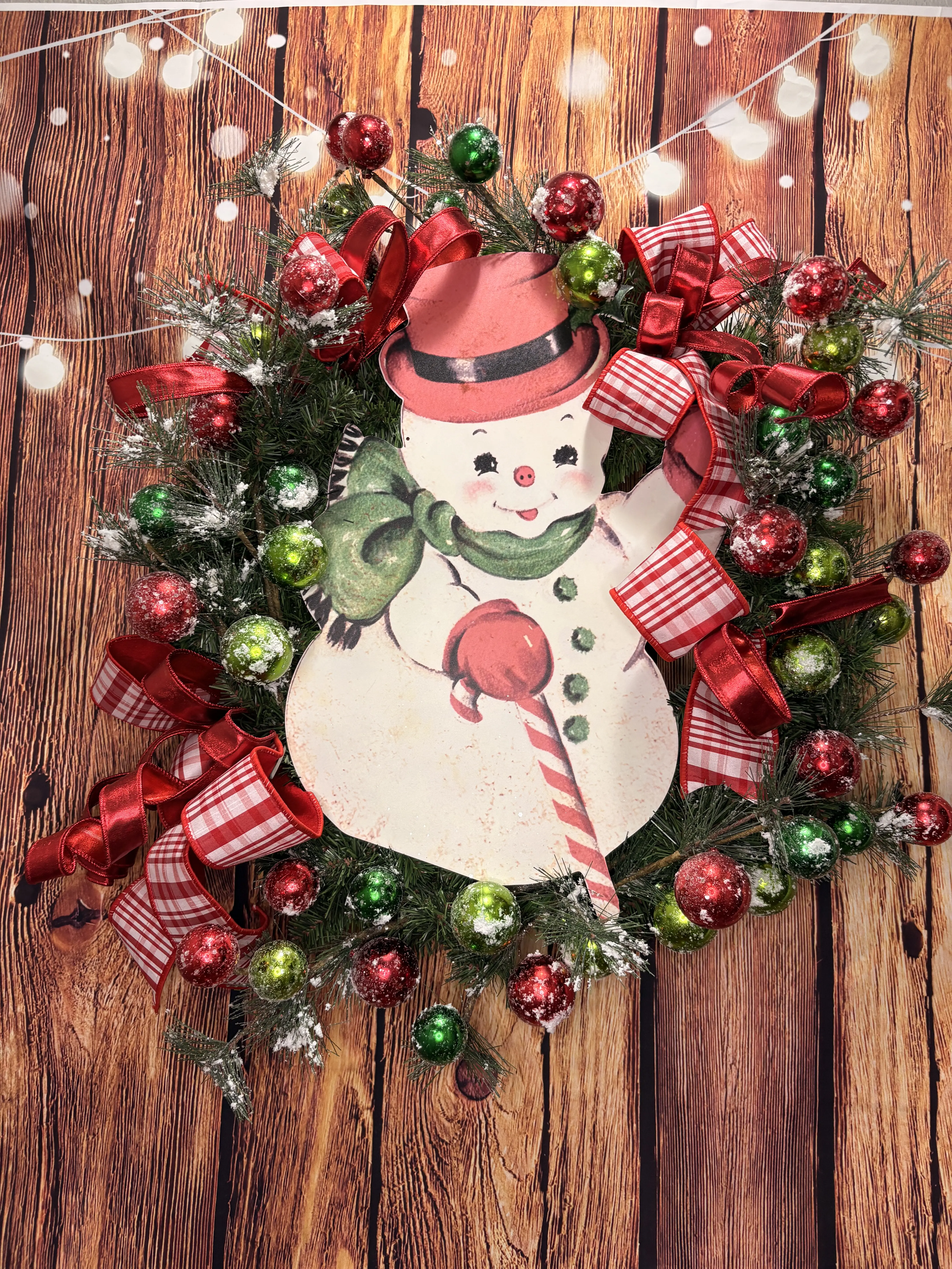 Vintage Snowman Wreath with Red Green White and Black Decorations for Festive Holiday Decor
