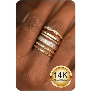Non Tarnish Gold Silver Stackable Rings for Women - 14K Gold Plated Waterproof Stacking Thin Chunky Bands Cubic Zirconia Thumb Ring Set 2-4mm Trendy Statement Promise Engagement Rings Size 5-10