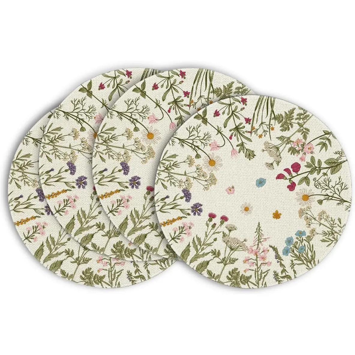 Mode Antique Herbs Wild Flowers Spring Placemats Set of 4, 14 Inch Summer Round Table Mats for Dining Decoration