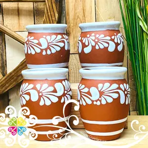 Set of White Plumeado Espiga Cantarito Cup - Set 4 or 8 Clay Cantarito