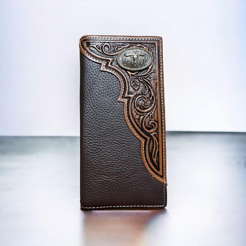 Mens Tooled Long Wallet Longhorn Concho Bifold Card Holder Soft Brown Coffee Leather Western Charm Everyday Use Ultra-strong Stitching Durability