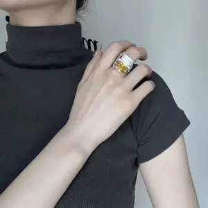 Adjustable opening ring Color treasure super flash light luxury yellow diamond sugar cube ring cold wind niche versatile ring