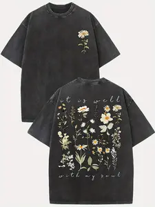 Men's Vintage "It Is Well with My Soul" Floral Print T-Shirt - 230g Washed Cotton Distressed Streetwear Tee with Drop Shoulder, Loose Fit Short Sleeve Round Neck Summer Casual Top